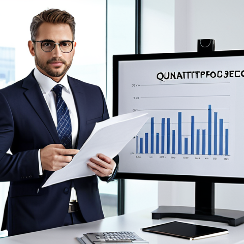 A risk management professional confidently presenting a portfolio showcasing successful projects with quantifiable results, dressed in business attire, in a modern office setting.