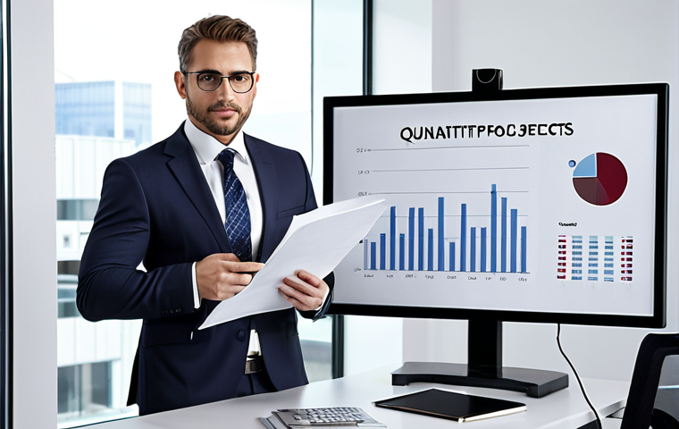 A risk management professional confidently presenting a portfolio showcasing successful projects with quantifiable results, dressed in business attire, in a modern office setting.