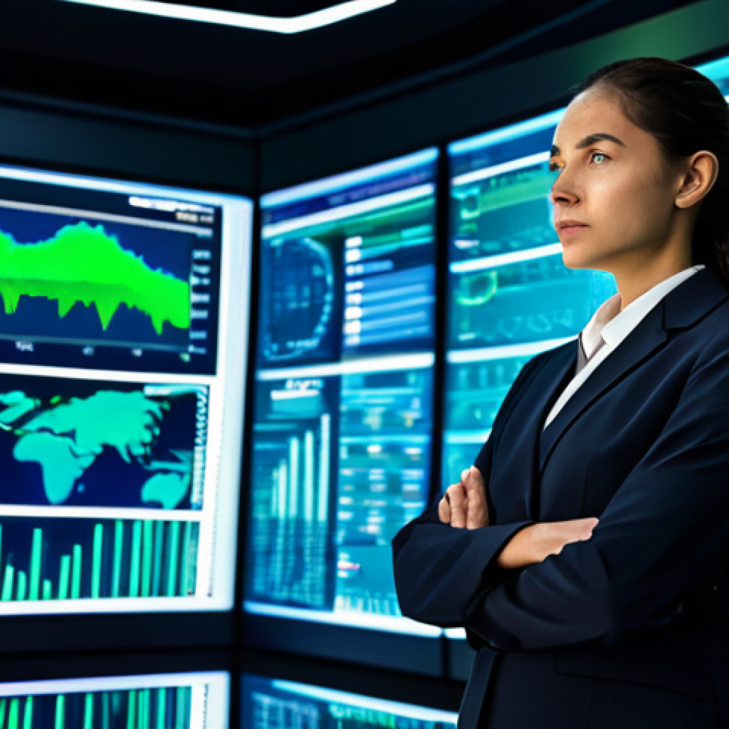 A highly competent professional risk management specialist, female, standing confidently in a sleek, ultra-modern control room. She is dressed in a modest, well-tailored dark business suit and a professional, button-up blouse, fully clothed, appropriate attire. Large, transparent holographic screens in the background display complex data visualizations of global cyber threats, AI risk analytics, and climate change patterns. Her expression is focused and analytical as she interacts with the data using well-formed hands, demonstrating proactive risk assessment. The room is brightly lit with ambient blue and green lights, reflecting advanced technology. Perfect anatomy, correct proportions, natural pose, professional photography, high quality, safe for work, appropriate content, family-friendly.