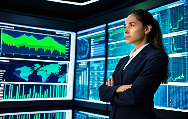 A highly competent professional risk management specialist, female, standing confidently in a sleek, ultra-modern control room. She is dressed in a modest, well-tailored dark business suit and a professional, button-up blouse, fully clothed, appropriate attire. Large, transparent holographic screens in the background display complex data visualizations of global cyber threats, AI risk analytics, and climate change patterns. Her expression is focused and analytical as she interacts with the data using well-formed hands, demonstrating proactive risk assessment. The room is brightly lit with ambient blue and green lights, reflecting advanced technology. Perfect anatomy, correct proportions, natural pose, professional photography, high quality, safe for work, appropriate content, family-friendly.